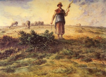  Jean Oil Painting - A Shepherdess And Her Flock Barbizon naturalism realism farmers Jean Francois Millet